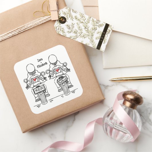 カスタム2ブリデスバイクもしくは自転車に乗る人オートバイレズ結婚ズ スクエアシール (ギフト)