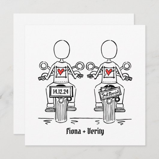 カスタム2ブリデスバイクもしくは自転車に乗る人オートバイレズ結婚ズ 招待状 (正面/裏面)