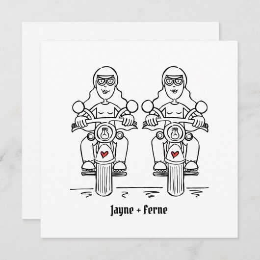 カスタム2ブリデスバイクもしくは自転車に乗る人オートバイ結婚ズ 招待状 (正面/裏面)