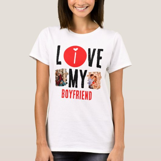 カスタム2ユニーク枚の写真コラージュ私は彼氏を愛する Tシャツ (正面)