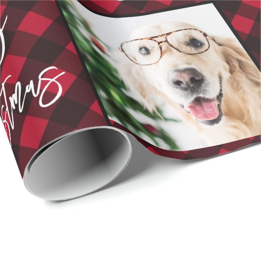 カスタム2写真メリークリスマスレッドバッファロープレイド ラッピングペーパー (ロールコーナー)