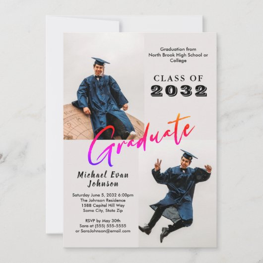 カスタム2写真黒ストライプの大学院生20XX 招待状 (正面)