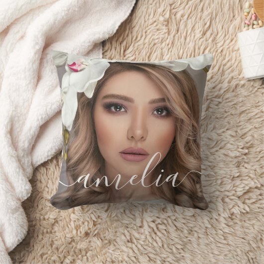 カスタム2枚の写真と名前文字スクリプトタイポグラフィ クッション (ブランケット)