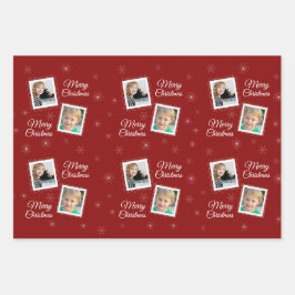 カスタム2枚の写真クリスマスデザインオン赤 ラッピングペーパーシート