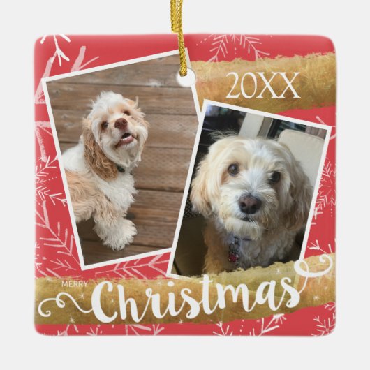 カスタム2枚の写真クリスマス セラミックオーナメント (正面)