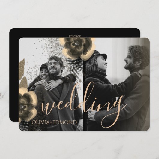 カスタム2枚の写真ゴールデンフラワーフレーム結婚ズ 招待状 (正面/裏面)