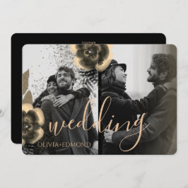 カスタム2枚の写真ゴールデンフラワーフレーム結婚ズ 招待状