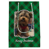 カスタム2枚の写真ペットクリスマスレッド&グリーンプレイド ミディアムペーパーバッグ (裏面)
