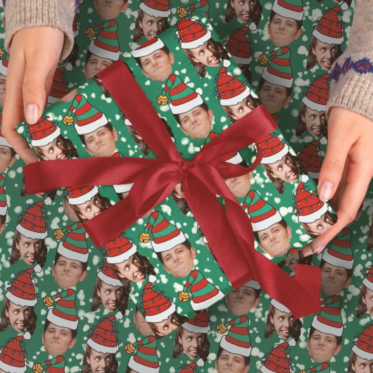 カスタム2枚の顔写真おもしろいクリスマス帽子ギフト ラッピングペーパー