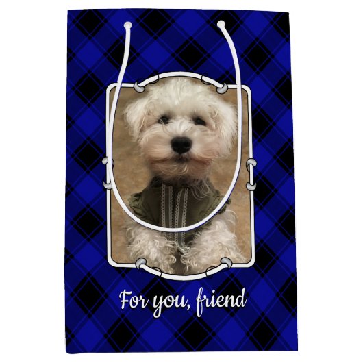 カスタム2枚パーソナライズされた青・黒の写真 ミディアムペーパーバッグ (正面)