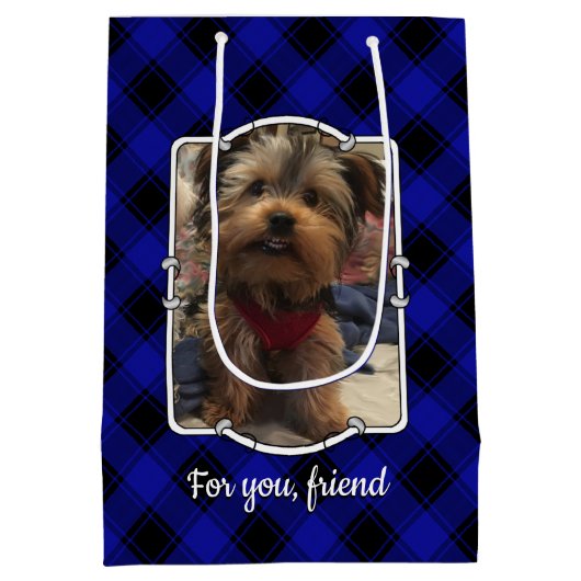 カスタム2枚パーソナライズされた青・黒の写真 ミディアムペーパーバッグ (裏面)