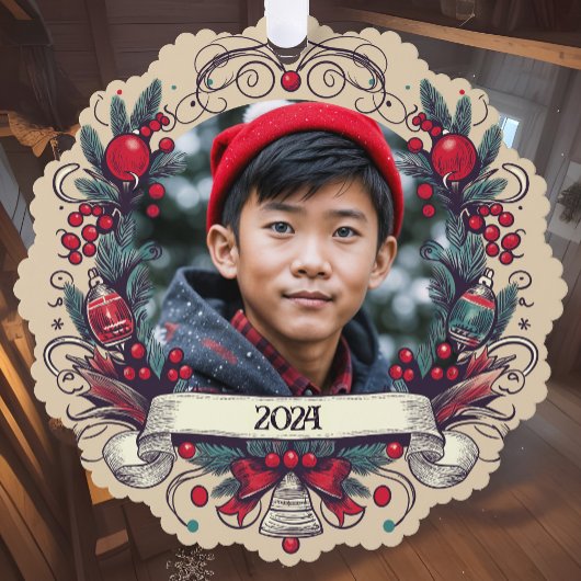 カスタム2枚フォトフェスティバルクリスマスリース休日 オーナメントカード