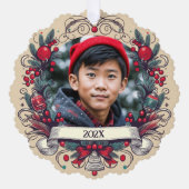 カスタム2枚フォトフェスティバルクリスマスリース休日 オーナメントカード (正面)