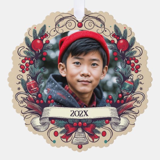 カスタム2枚フォトフェスティバルクリスマスリース休日 オーナメントカード (正面)