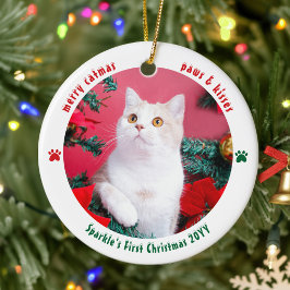 カスタム2枚写真入り猫の初めてのクリスマス セラミックオーナメント