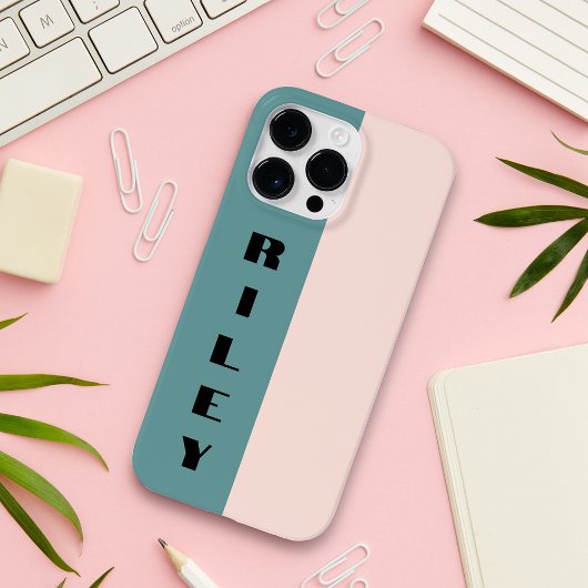 カスタム2色ブロックバラピンクティール(緑がかった色)ビッグネーム Case-Mate iPhoneケース