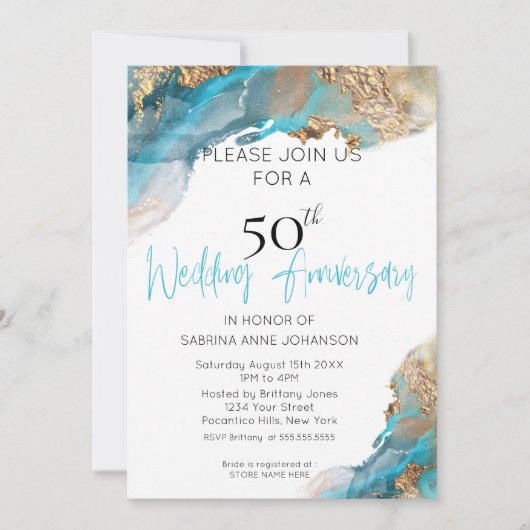 カスタム2 50 W周年記念ティール（緑がかった色）と金ゴールド抽象芸術 招待状 (正面)