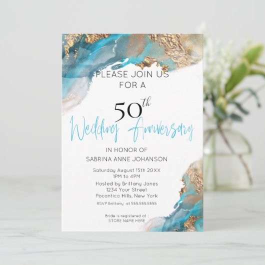 カスタム2 50 W周年記念ティール（緑がかった色）と金ゴールド抽象芸術 招待状 (スタンド正面)