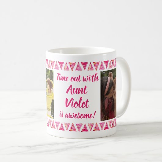 カスタム3の写真及び文字-ピンクの水彩画のボーダー コーヒーマグカップ (正面右)