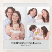 カスタム3セクション家族の写真コラージュ灰色のフレーム ガラスコースター (正面)