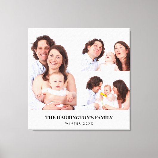 カスタム3セクション家族の写真コラージュ灰色のフレーム キャンバスプリント (正面)