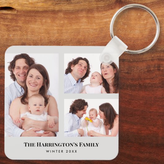 カスタム3セクション家族の写真コラージュ灰色のフレーム キーホルダー (裏面)