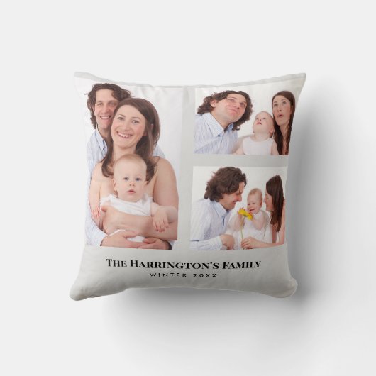 カスタム3セクション家族の写真コラージュ灰色のフレーム クッション (裏面)