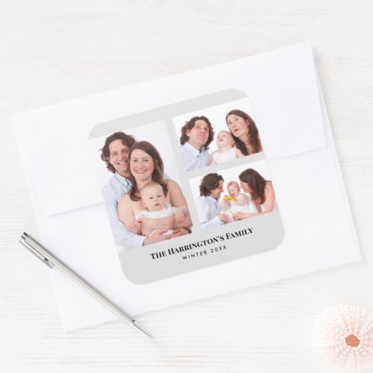 カスタム3セクション家族の写真コラージュ灰色のフレーム スクエアシール (封筒)