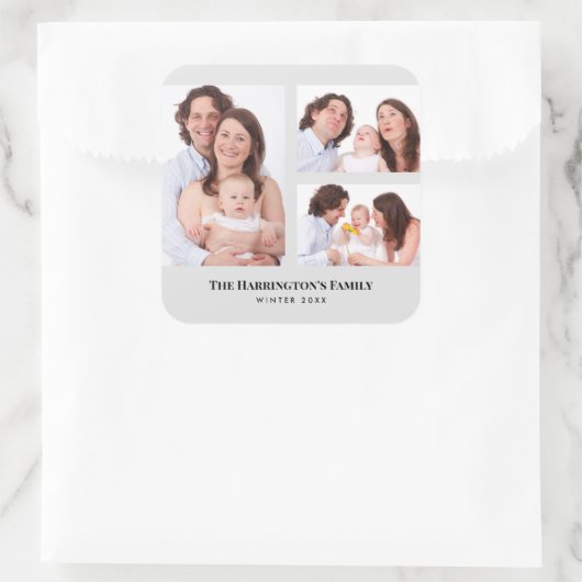 カスタム3セクション家族の写真コラージュ灰色のフレーム スクエアシール (バッグ)