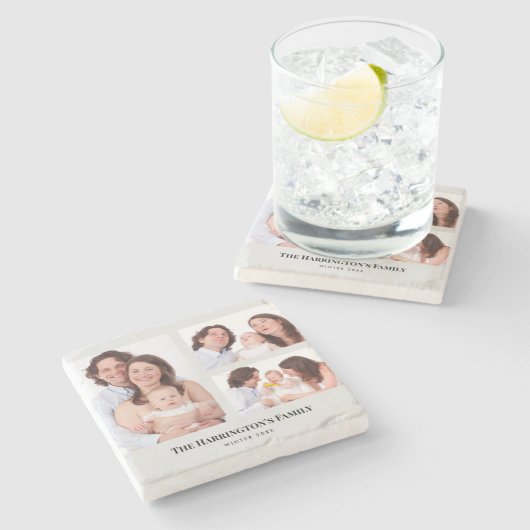 カスタム3セクション家族の写真コラージュ灰色のフレーム ストーンコースター (横)