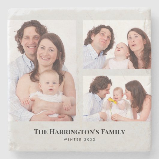 カスタム3セクション家族の写真コラージュ灰色のフレーム ストーンコースター (正面)