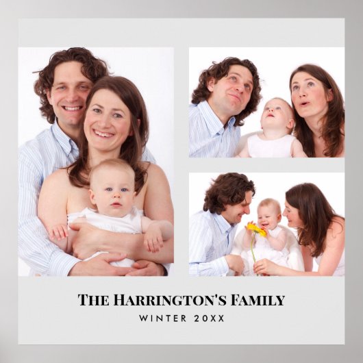 カスタム3セクション家族の写真コラージュ灰色のフレーム ポスター (正面)