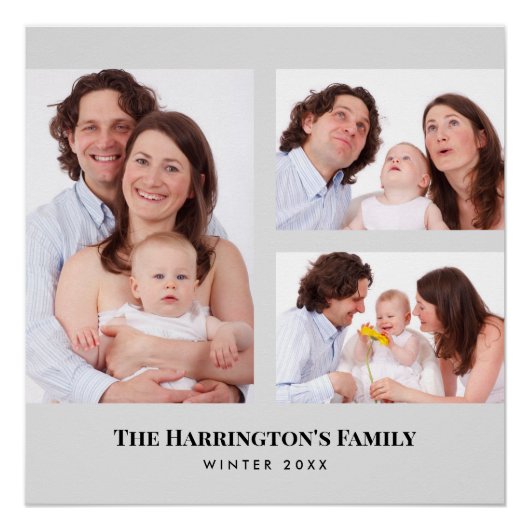 カスタム3セクション家族の写真コラージュ灰色のフレーム ポスター (正面)