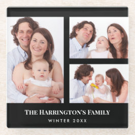 カスタム3セクション家族フォトコラージブラックフレーム ガラスコースター