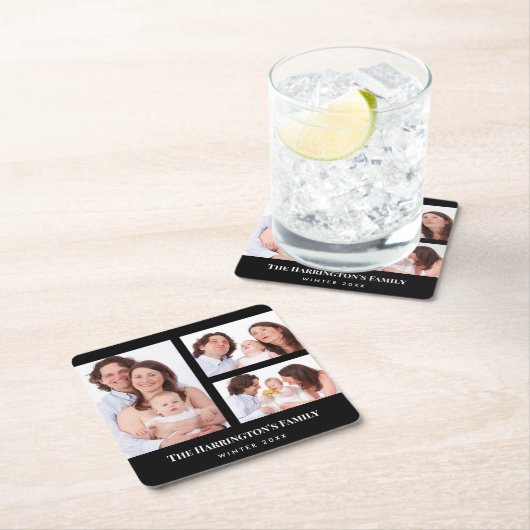 カスタム3セクション家族フォトコラージブラックフレーム スクエアペーパーコースター (インサイチュ)