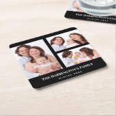 カスタム3セクション家族フォトコラージブラックフレーム スクエアペーパーコースター (アングル)