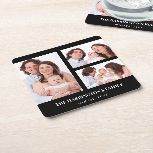 カスタム3セクション家族フォトコラージブラックフレーム スクエアペーパーコースター (アングル)