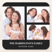 カスタム3セクション家族フォトコラージブラックフレーム スクエアペーパーコースター (正面)