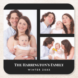 カスタム3セクション家族フォトコラージブラックフレーム スクエアペーパーコースター