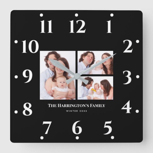 カスタム3セクション家族フォトコラージブラックフレーム スクエア壁時計 (正面)