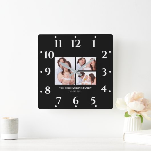 カスタム3セクション家族フォトコラージブラックフレーム スクエア壁時計 (ホーム)