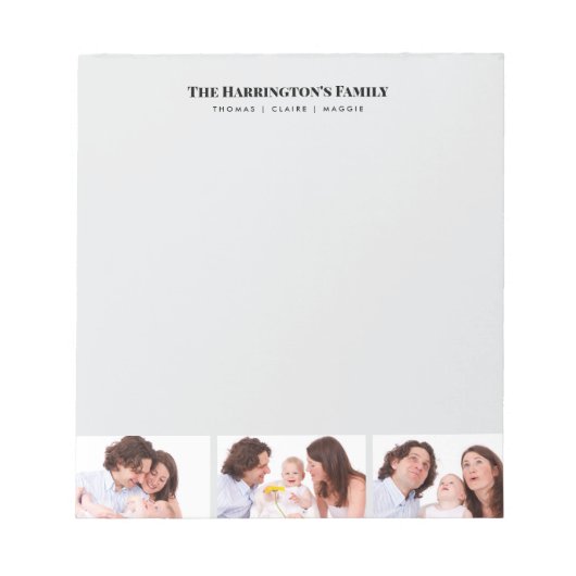 カスタム3セクション家族フォトコラージブラックフレーム ノートパッド (正面)