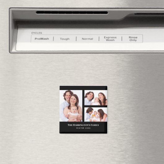 カスタム3セクション家族フォトコラージブラックフレーム マグネット (インサイチュ (食洗機))