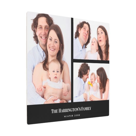カスタム3セクション家族フォトコラージブラックフレーム メタルプリント (アングル)