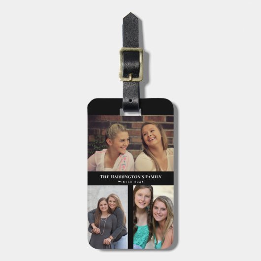 カスタム3セクション家族フォトコラージブラックフレーム ラゲッジタグ (正面縦)