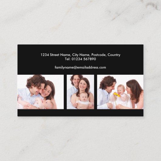カスタム3セクション家族フォトコラージブラックフレーム 名刺 (裏面)
