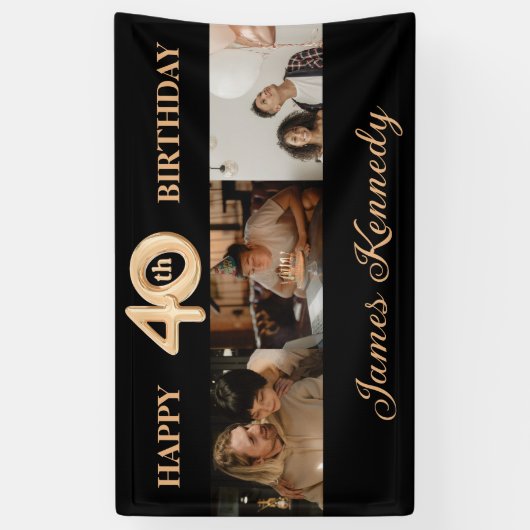 カスタム3フォトコラージュHappy 40th誕生日パーティー 横断幕 (縦)