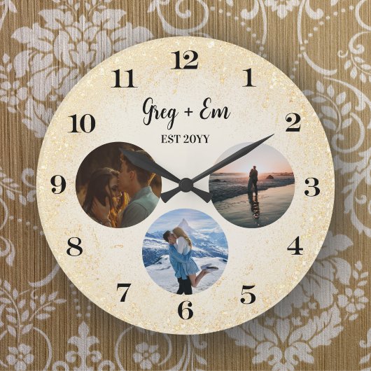 カスタム3モダン写真コラージュ新しい結婚金ゴールド ラージ壁時計