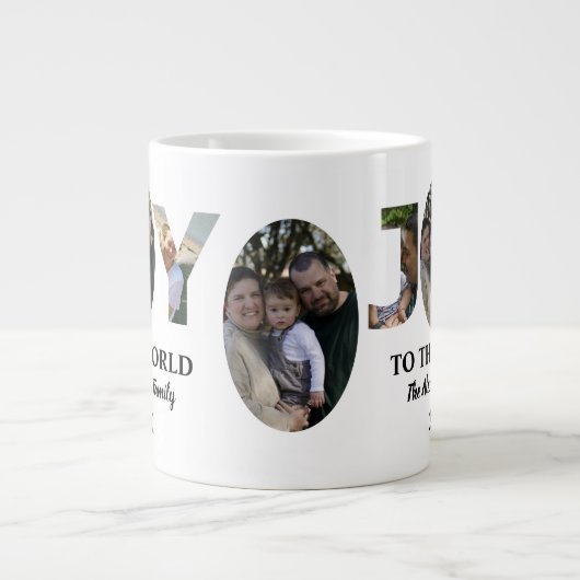 カスタム3モダン枚の写真コラージュ喜び世界 ジャンボコーヒーマグカップ (正面)