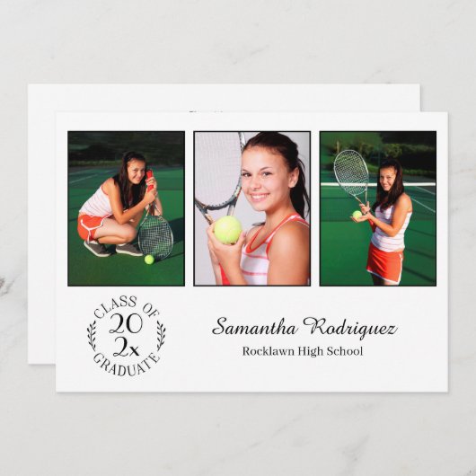 カスタム3写真シックなエンブレムホワイト卒業式パーティー 招待状 (正面/裏面)